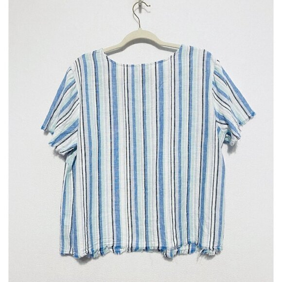 Vince Camuto Top Womens 1X Striped Frayed Hem Linen Blend Short Sleeve Boho - Picture 5 of 8